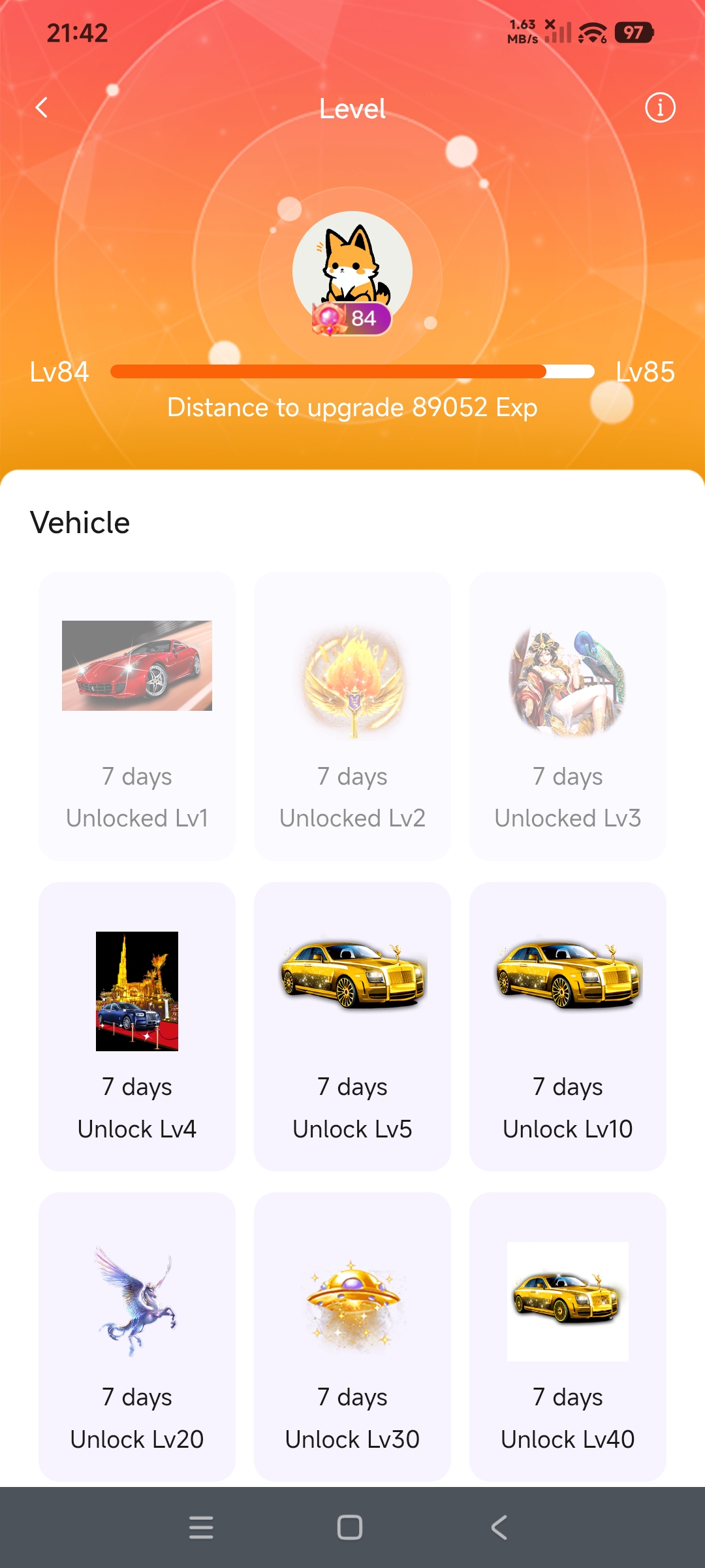 Level and vehicle rewards
