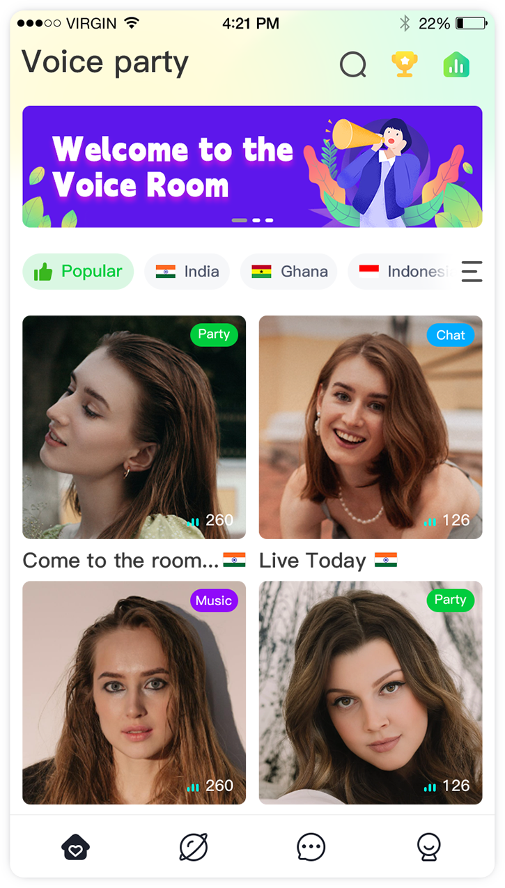 Voice chat app home interface preview