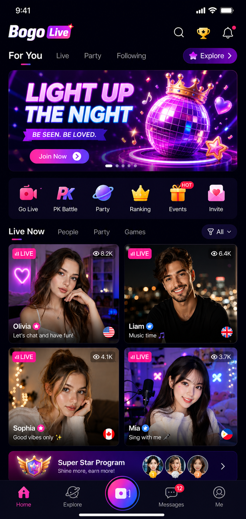 Poppo Live Clone App live streaming homepage with video feeds